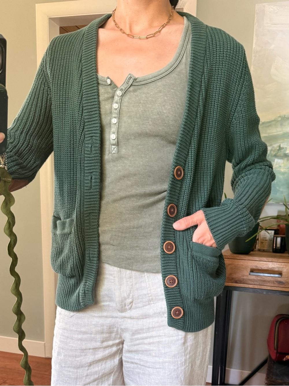 100% Cotton Women’s Green Ribbed Cardigan with Button Front - Picture 2 of 9